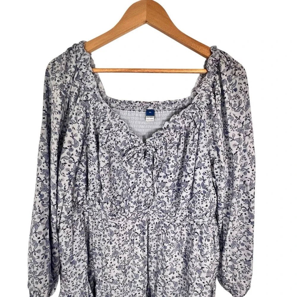 Boho Cottagecore‎ Floral Peasant Dress XXL Smocked Babydoll Blue White